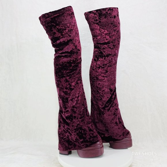 Good Will Unique Thigh High Wine Red Velvet Fold over Chunky Heel Platform Boots - Picture 4 of 10